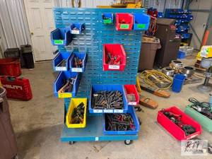 lot 189 image: Bin rack organizer with bins and tools...