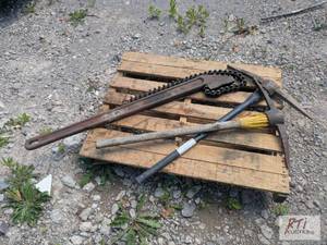 lot 189 image: Large Pipe Wrench and (2) Pick Axes...