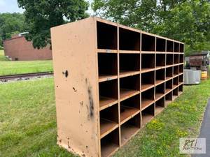 lot 5 image: Large steel shelving unit....