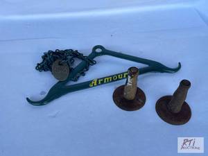 lot 30 image: Hide scrapers and meat hanger...