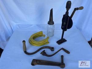lot 85 image: Horseshoes, drill, hand tools and o...
