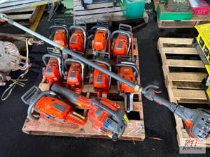 lot 35 image: Pallet of Chainsaws and a gas blowe...