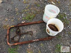 lot 152 image: Bucket with tire chains and antique...