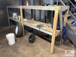 lot 730 image: Wood shelving, 142in long x 55in hi...