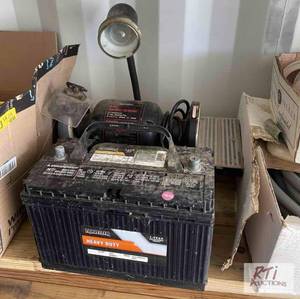 lot 799 image: Lot of wiring, battery, bench grind...